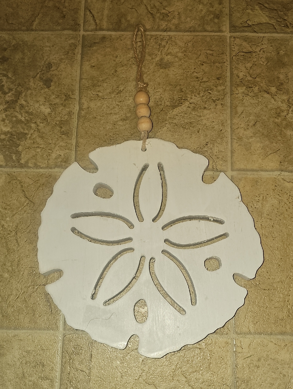 White Wooden Sand Dollar Wall Hanging with Rope Bead Accent